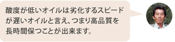 酸度が低いオイルは劣化するスピードが遅いオイルと言え、つまり高品質を長時間保つことが出来ます。